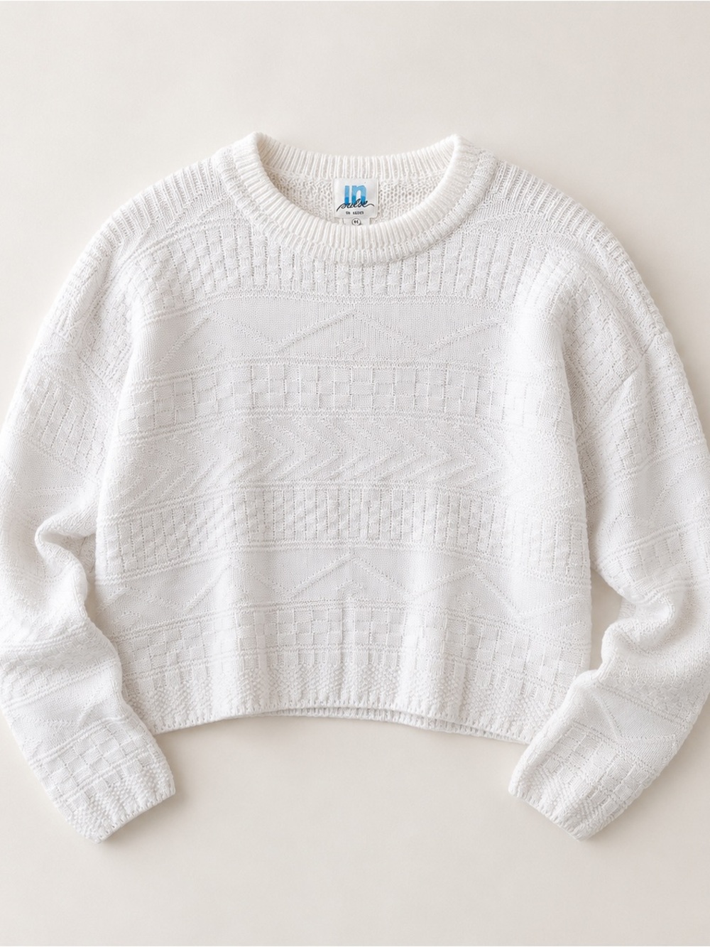 Vintage White Textured Ramie Cotton Sweater Cropped Boxy Knit Medium